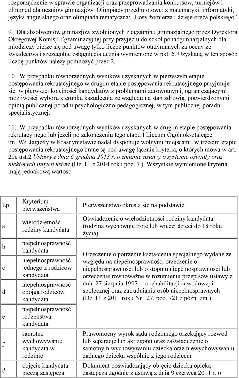 Dla absolwentów gimnazjów zwolnionych z egzaminu gimnazjalnego przez Dyrektora Okręgowej Komisji Egzaminacyjnej przy przyjęciu do szkół ponadgimnazjalnych dla młodzieży bierze się pod uwagę tylko