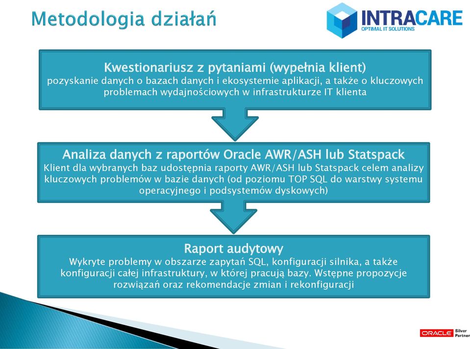 analizy kluczowych problemów w bazie danych (od poziomu TOP SQL do warstwy systemu operacyjnego i podsystemów dyskowych) Raport audytowy Wykryte problemy w
