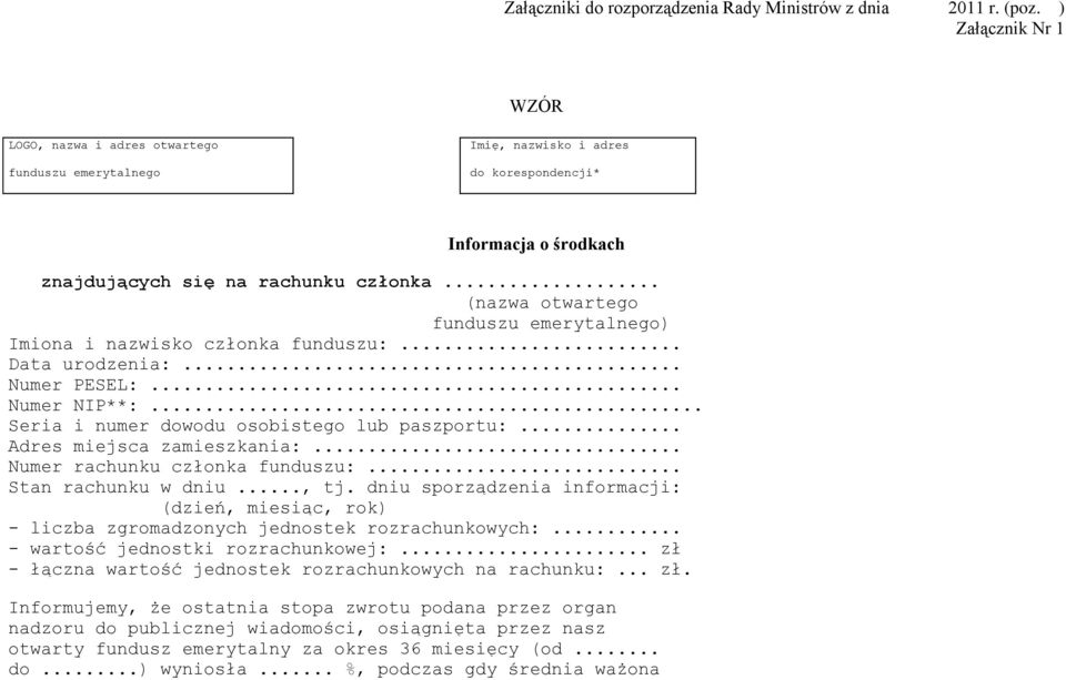 .. (nazwa otwartego funduszu emerytalnego) Imiona i nazwisko członka funduszu:... Data urodzenia:... Numer PESEL:... Numer NIP**:... Seria i numer dowodu osobistego lub paszportu:.