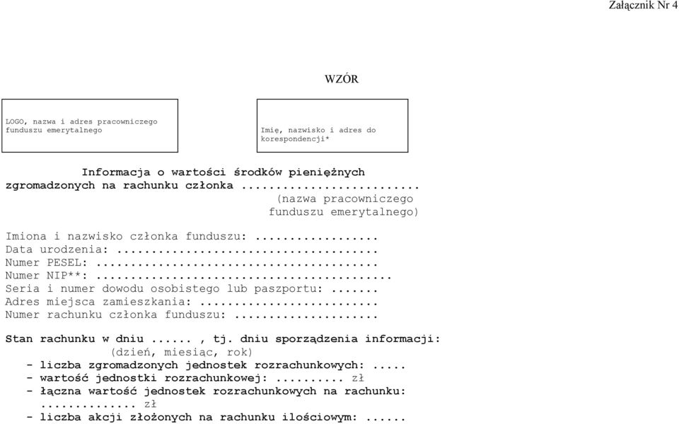 .. Seria i numer dowodu osobistego lub paszportu:... Adres miejsca zamieszkania:... Numer rachunku członka funduszu:... Stan rachunku w dniu..., tj.