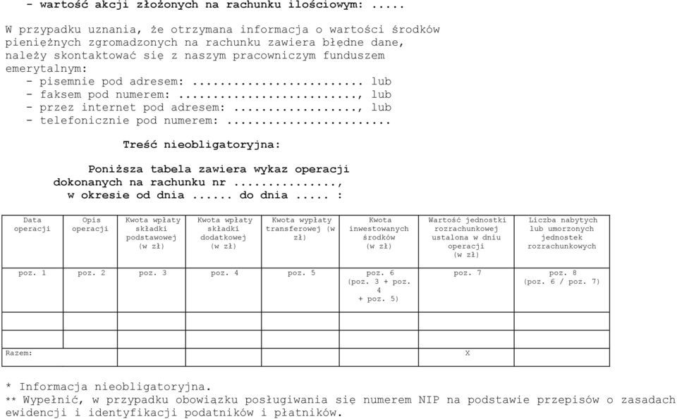 pisemnie pod adresem:... lub - faksem pod numerem:..., lub - przez internet pod adresem:..., lub - telefonicznie pod numerem:.