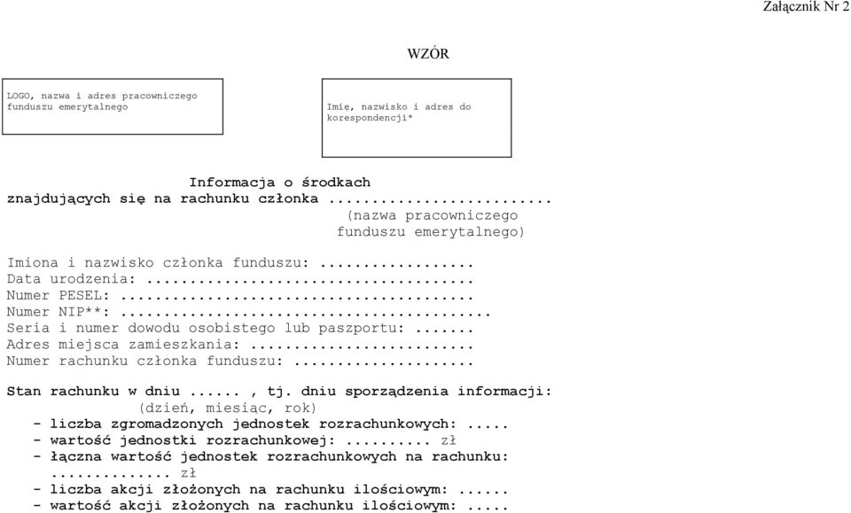 .. Adres miejsca zamieszkania:... Numer rachunku członka funduszu:... Stan rachunku w dniu..., tj.