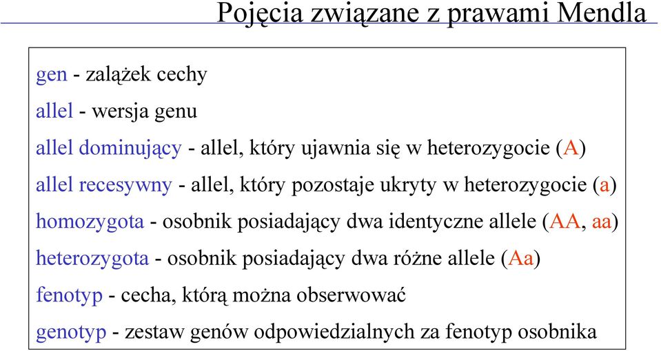 homozygota - osobnik posiadający dwa identyczne allele (AA, aa) heterozygota - osobnik posiadający dwa