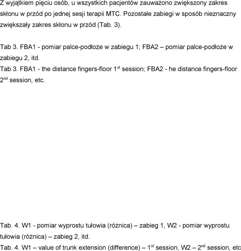 FBA1 - pomiar palce-podłoże w zabiegu 1; FBA2 pomiar palce-podłoże w zabiegu 2, itd. Tab 3.