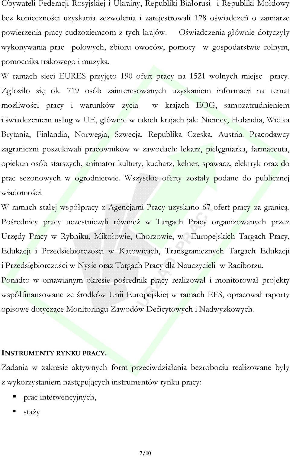 W ramach sieci EURES przyjęto 190 ofert pracy na 1521 wolnych miejsc pracy. Zgłosiło się ok.