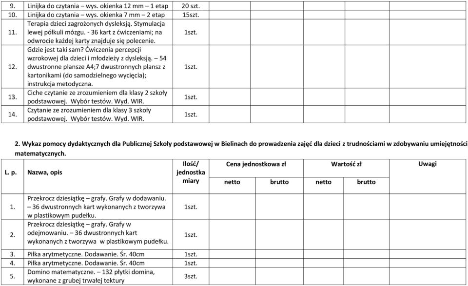 54 dwustronne plansze A4;7 dwustronnych plansz z kartonikami (do samodzielnego wycięcia); instrukcja metodyczna. 13. Ciche czytanie ze zrozumieniem dla klasy 2 szkoły podstawowej. Wybór testów. Wyd.