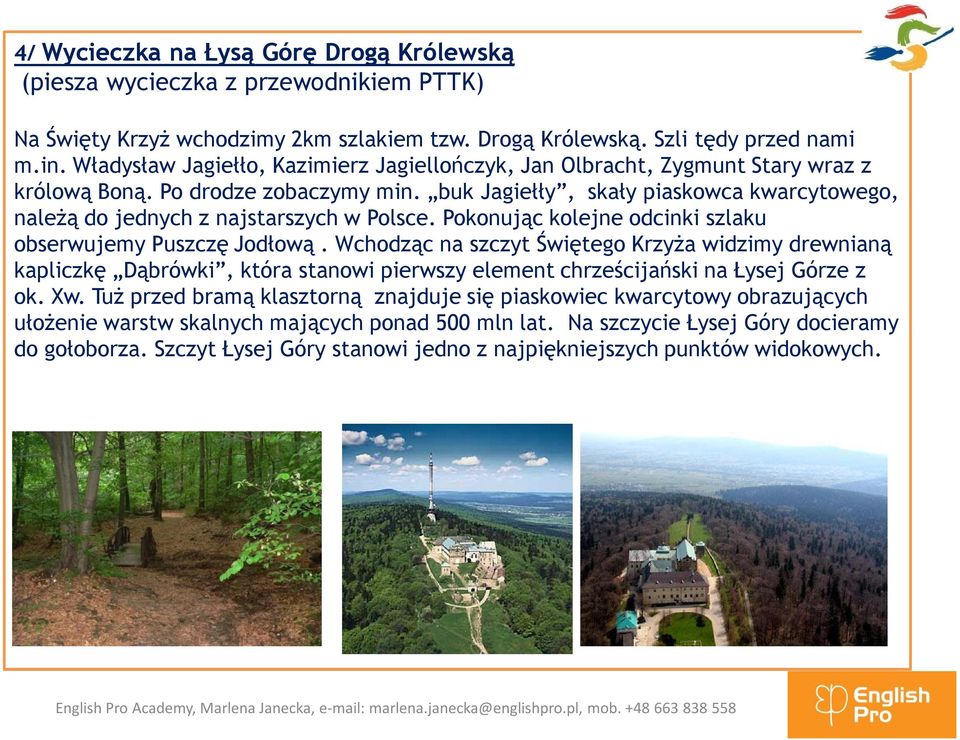 buk Jagiełły, skały piaskowca kwarcytowego, należą do jednych z najstarszych w Polsce. Pokonując kolejne odcinki szlaku obserwujemy Puszczę Jodłową.