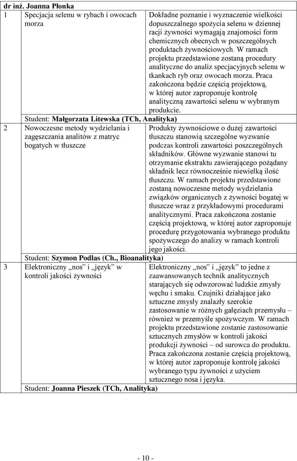 , Bioanalityka) 3 Elektroniczny nos i język w kontroli jakości żywności Joanna Pieszek (TCh, Analityka) Dokładne poznanie i wyznaczenie wielkości dopuszczalnego spożycia selenu w dziennej racji