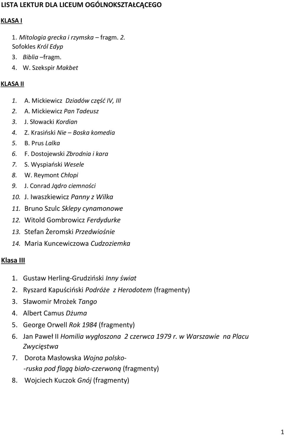 J. Iwaszkiewicz Panny z Wilka 11. Bruno Szulc Sklepy cynamonowe 12. Witold Gombrowicz Ferdydurke 13. Stefan Żeromski Przedwiośnie 14. Maria Kuncewiczowa Cudzoziemka Klasa III 1.