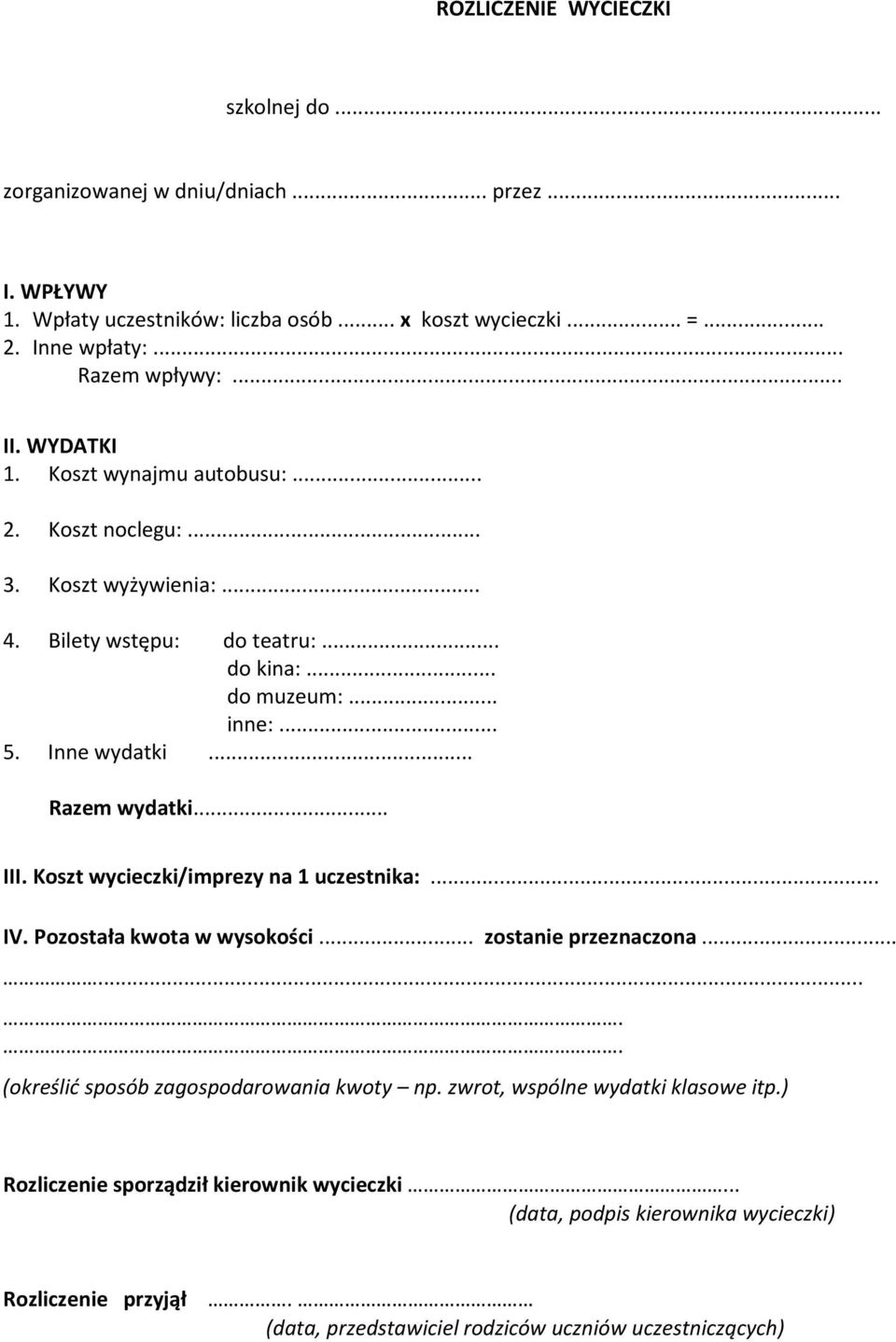 .. Razem wydatki... III. Koszt wycieczki/imprezy na 1 uczestnika:... IV. Pozostała kwota w wysokości... zostanie przeznaczona........ (określić sposób zagospodarowania kwoty np.