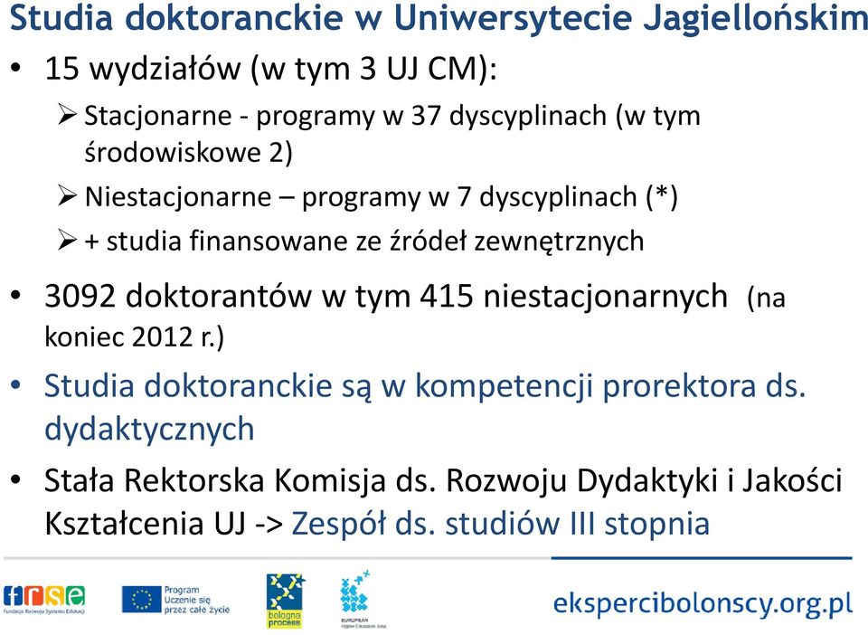 zewnętrznych 3092 doktorantów w tym 415 niestacjonarnych (na koniec 2012 r.