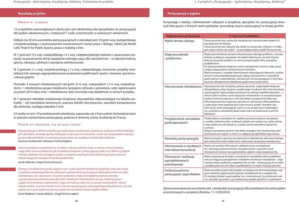 małopolskiego i świętokrzyskiego, z zastosowaniem nowoczesnych metod pracy i dialogu, takich jak World Café, Project for Public Spaces, praca z makietą i inne. W 7 gminach (3 z woj.