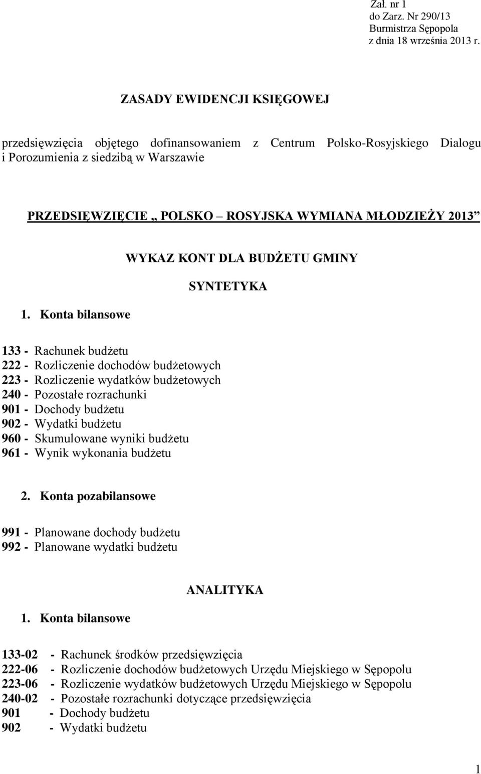 WYKAZ KONT DLA BUDŻETU GMINY SYNTETYKA 133 - Rachunek budżetu 222 - Rozliczenie dochodów budżetowych 223 - Rozliczenie wydatków budżetowych 240 - Pozostałe rozrachunki 901 - Dochody budżetu 902 -