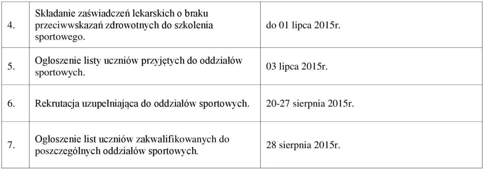 03 lipca 2015r. 6. Rekrutacja uzupełniająca do oddziałów sportowych. 20-27 sierpnia 2015r. 7.