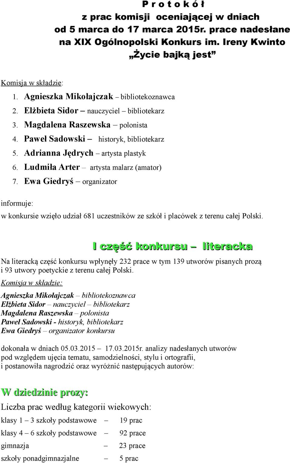 Ludmiła Arter artysta malarz (amator) 7. Ewa Giedryś organizator informuje: w konkursie wzięło udział 681 uczestników ze szkół i placówek z terenu całej Polski.