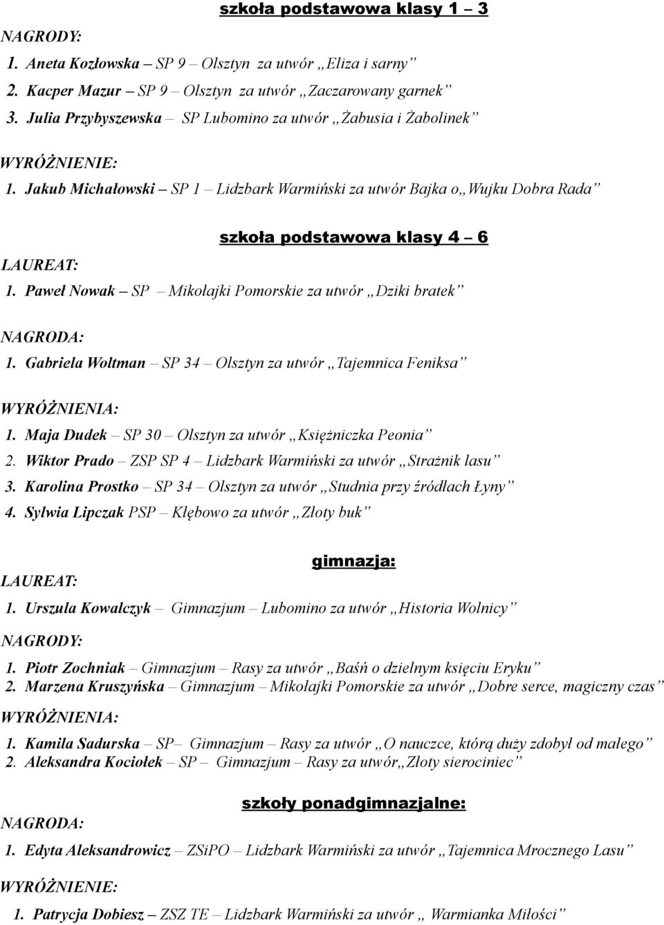 Paweł Nowak SP Mikołajki Pomorskie za utwór Dziki bratek 1. Gabriela Woltman SP 34 Olsztyn za utwór Tajemnica Feniksa 1. Maja Dudek SP 30 Olsztyn za utwór Księżniczka Peonia 2.