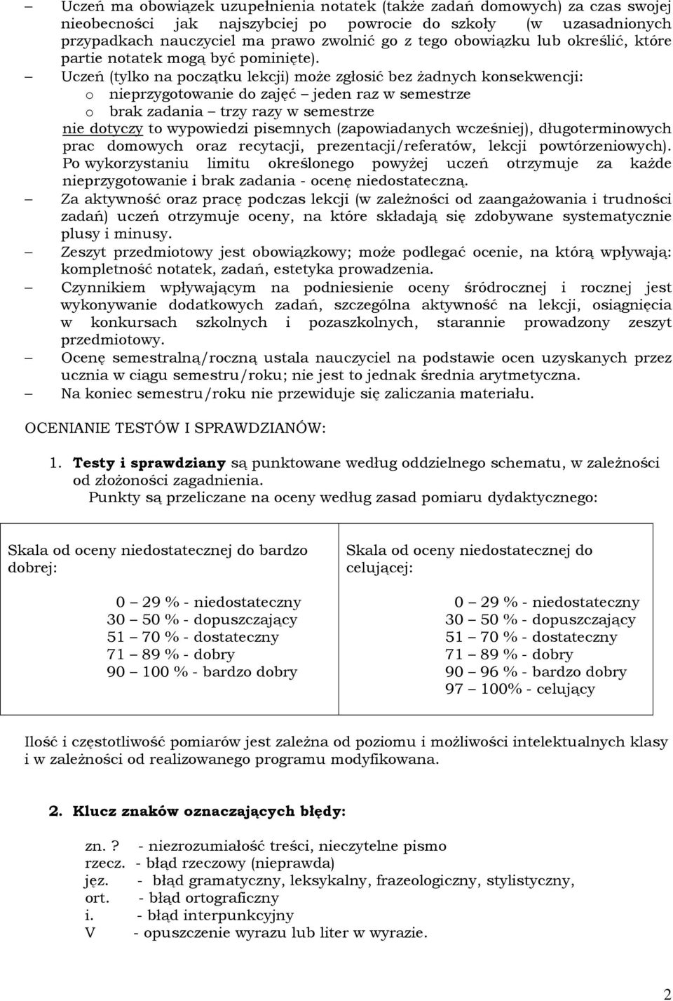 Uczeń (tylko na początku lekcji) może zgłosić bez żadnych konsekwencji: o nieprzygotowanie do zajęć jeden raz w semestrze o brak zadania trzy razy w semestrze nie dotyczy to wypowiedzi pisemnych