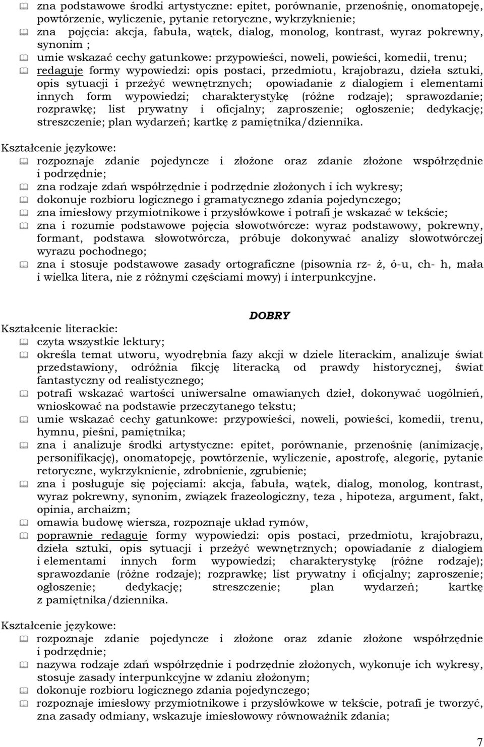 sytuacji i przeżyć wewnętrznych; opowiadanie z dialogiem i elementami innych form wypowiedzi; charakterystykę (różne rodzaje); sprawozdanie; rozprawkę; list prywatny i oficjalny; zaproszenie;