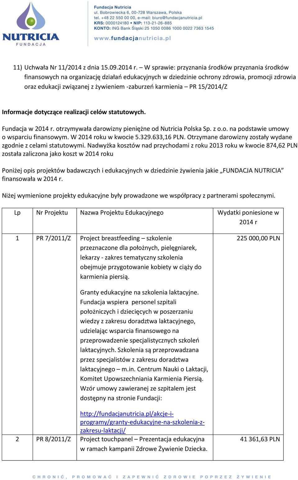 PR 15/2014/Z Informacje dotyczące realizacji celów statutowych. Fundacja w 2014 r. otrzymywała darowizny pieniężne od Nutricia Polska Sp. z o.o. na podstawie umowy o wsparciu finansowym.