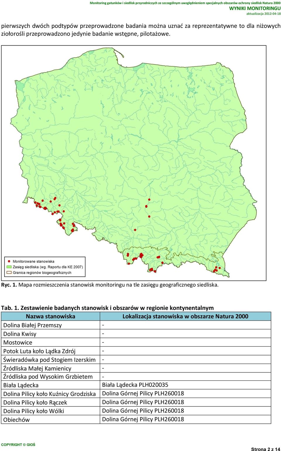Zestawienie badanych stanowisk i obszarów w regionie kontynentalnym Nazwa stanowiska Lokalizacja stanowiska w obszarze Natura 2000 Dolina Białej Przemszy - Dolina Kwisy - Mostowice - Potok Luta koło