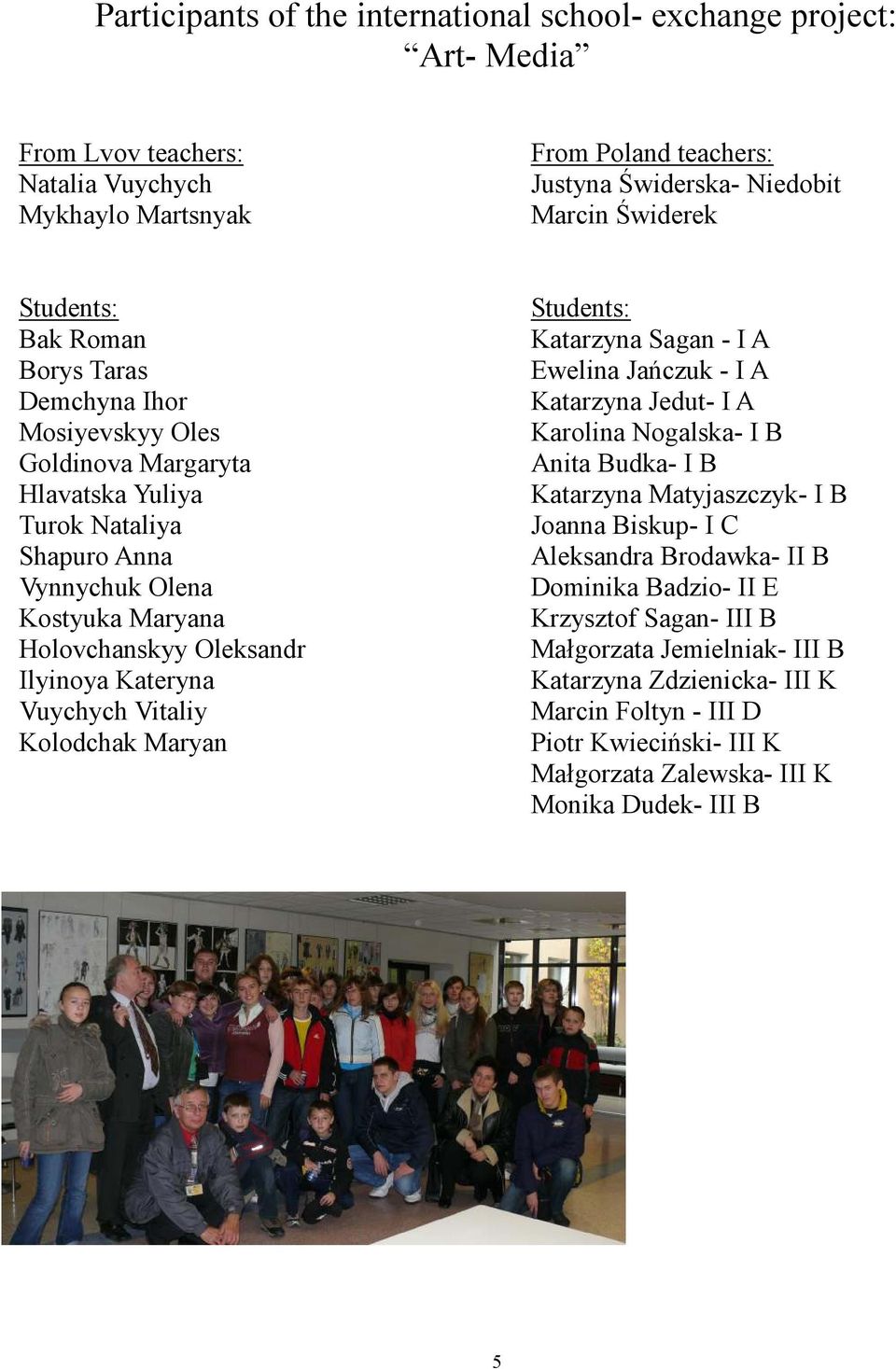 Kateryna Vuychych Vitaliy Kolodchak Maryan Students: Katarzyna Sagan - I A Ewelina Jańczuk - I A Katarzyna Jedut- I A Karolina Nogalska- I B Anita Budka- I B Katarzyna Matyjaszczyk- I B Joanna