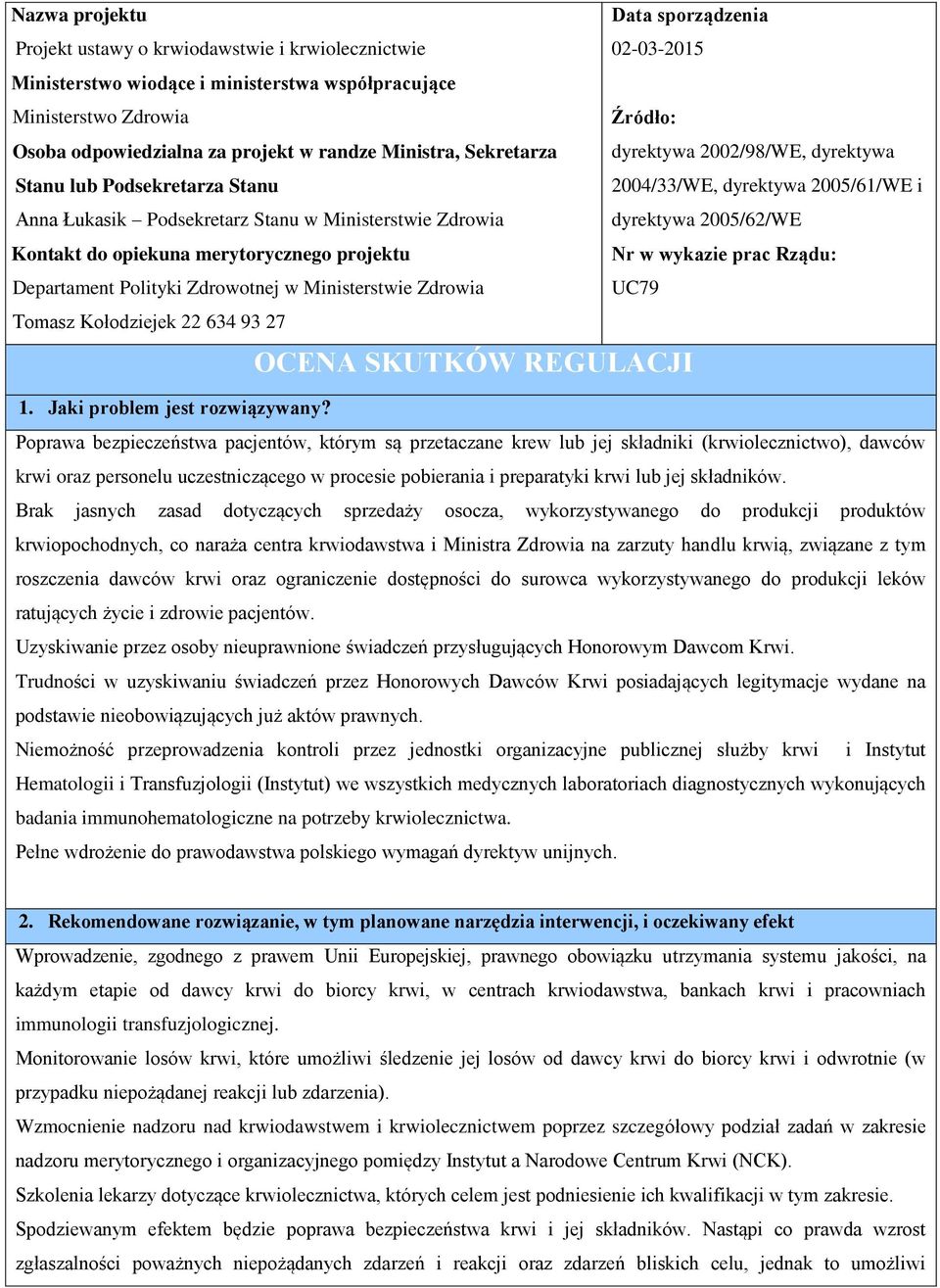 dyrektywa 2005/62/WE Kontakt do opiekuna merytorycznego projektu Nr w wykazie prac Rządu: Departament Polityki Zdrowotnej w Ministerstwie Zdrowia UC79 Tomasz Kołodziejek 22 634 93 27 OCENA SKUTKÓW