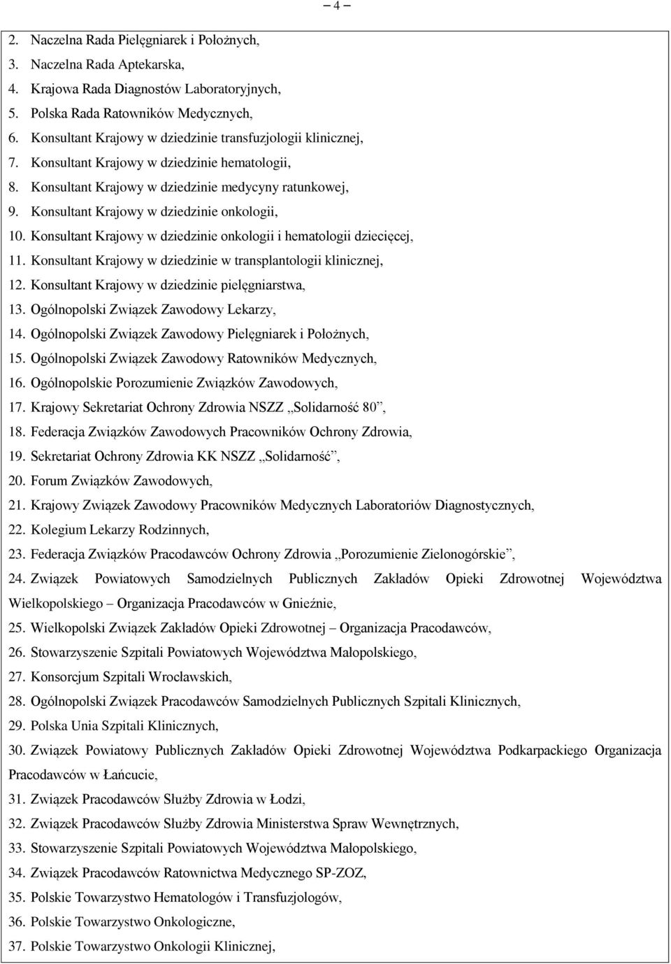 Konsultant Krajowy w dziedzinie onkologii, 10. Konsultant Krajowy w dziedzinie onkologii i hematologii dziecięcej, 11. Konsultant Krajowy w dziedzinie w transplantologii klinicznej, 12.