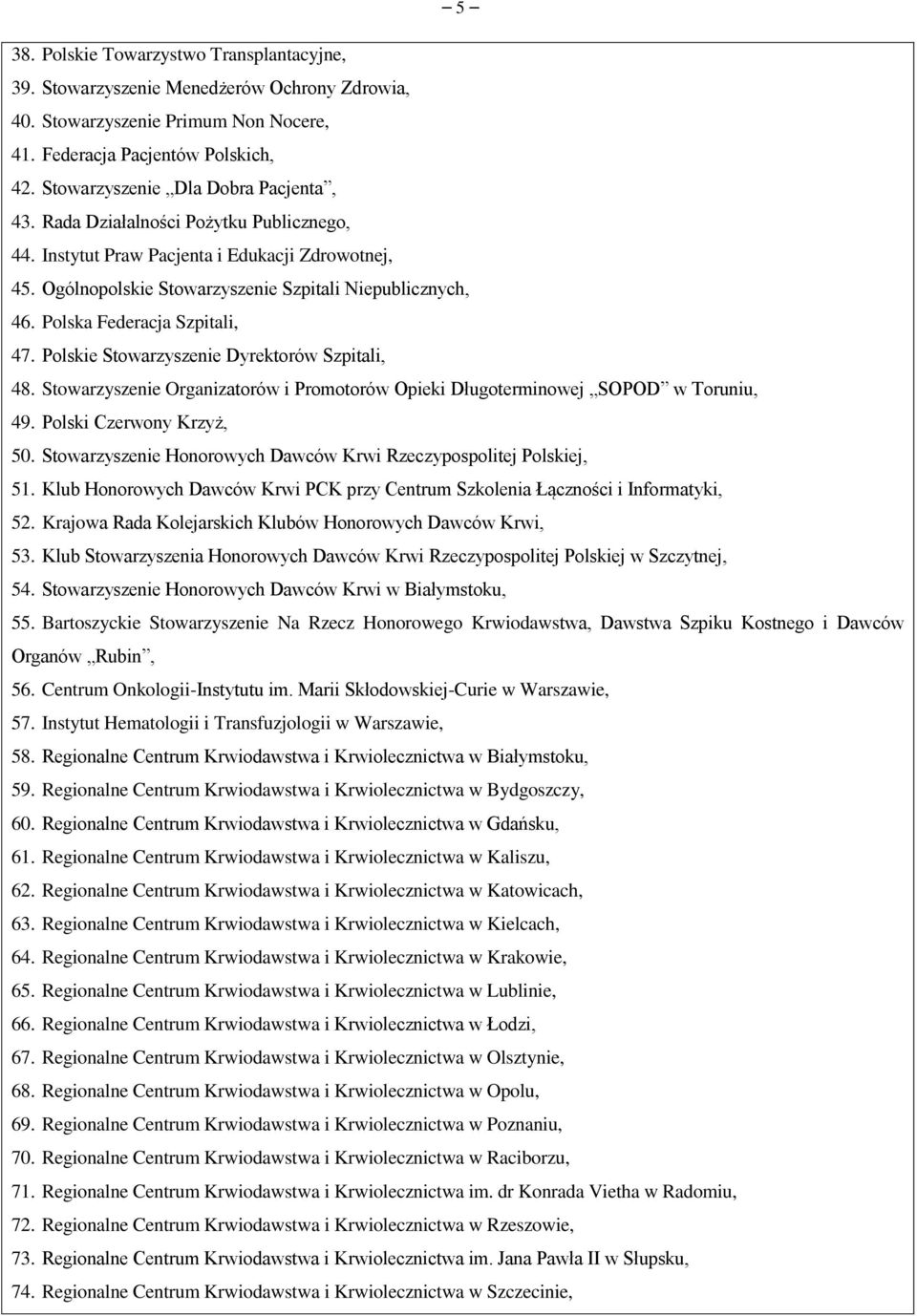 Polska Federacja Szpitali, 47. Polskie Stowarzyszenie Dyrektorów Szpitali, 48. Stowarzyszenie Organizatorów i Promotorów Opieki Długoterminowej SOPOD w Toruniu, 49. Polski Czerwony Krzyż, 50.