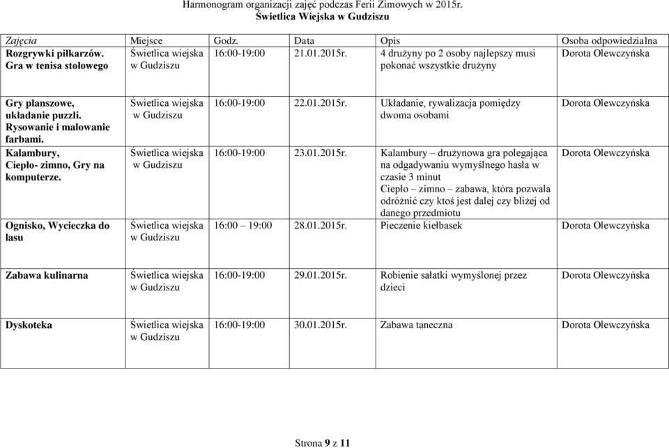 Kalambury, Ciepło- zimno, Gry na komputerze. Ognisko, Wycieczka do lasu Świetlica wiejska w Gudziszu Świetlica wiejska w Gudziszu Świetlica wiejska w Gudziszu 16:00-19:00 22.01.2015r.