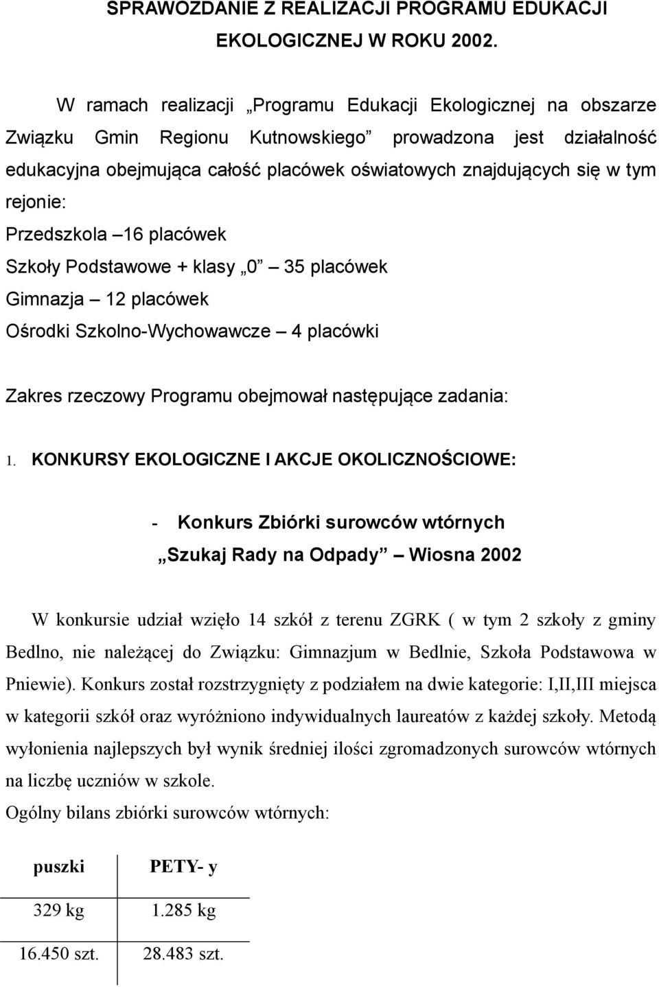 rejonie: Przedszkola 16 placówek Szkoły Podstawowe + klasy 0 35 placówek Gimnazja 12 placówek Ośrodki Szkolno-Wychowawcze 4 placówki Zakres rzeczowy Programu obejmował następujące zadania: 1.