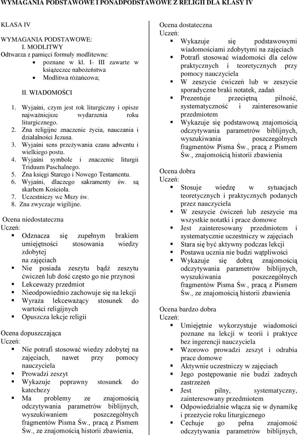 Zna religijne znaczenie życia, nauczania i działalności Jezusa. 3. Wyjaśni sens przeżywania czasu adwentu i wielkiego postu. 4. Wyjaśni symbole i znaczenie liturgii Triduum Paschalnego. 5.