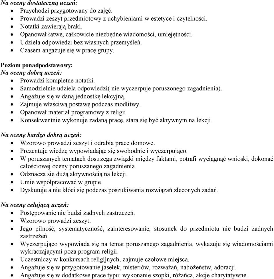 Poziom ponadpodstawowy: Na ocenę dobrą uczeń: Prowadzi kompletne notatki. Samodzielnie udziela odpowiedzi( nie wyczerpuje poruszonego zagadnienia). Angażuje się w daną jednostkę lekcyjną.