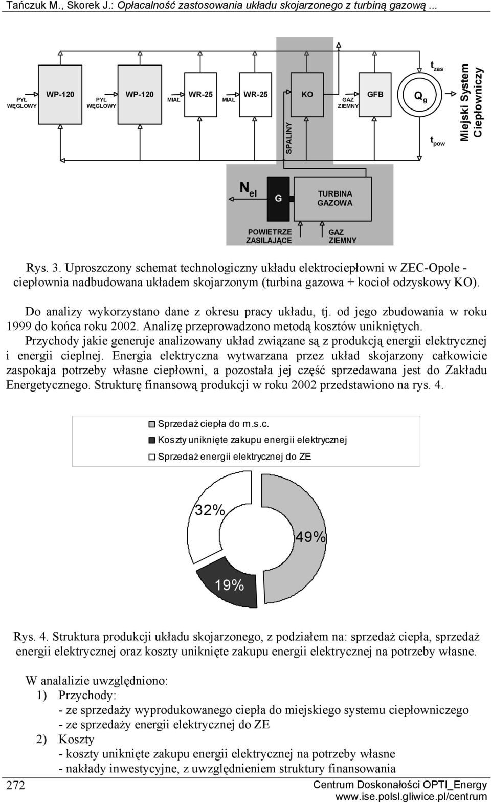 Uproszczony schemat technologiczny układu elektrociepłowni w ZEC-Opole - ciepłownia nadbudowana układem skojarzonym (turbina gazowa + kocioł odzyskowy KO).