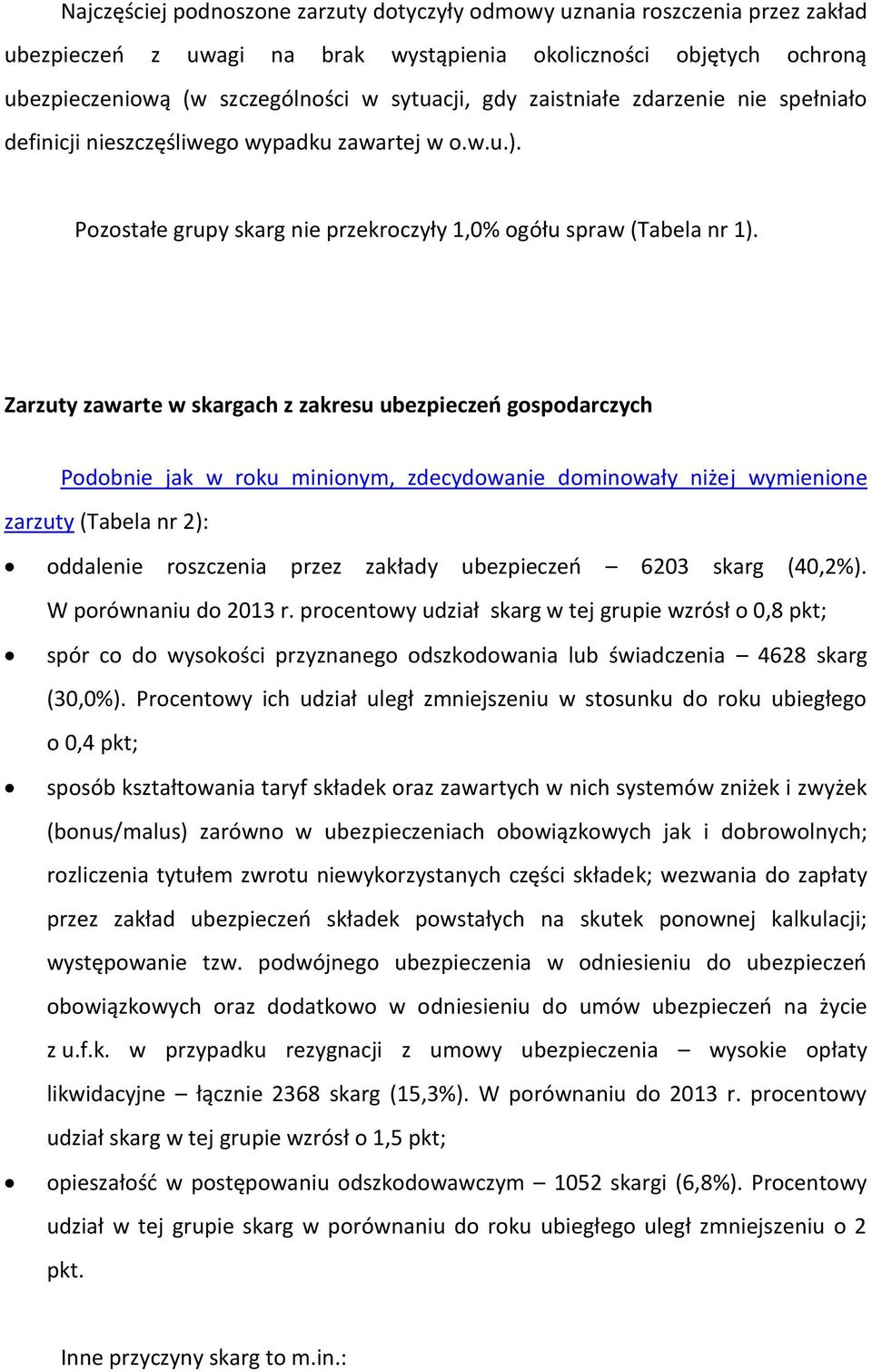 ubezpieczeń gospodarczych Podobnie jak w roku minionym, zdecydowanie dominowały niżej wymienione zarzuty (Tabela nr 2): oddalenie roszczenia przez zakłady ubezpieczeń 6203 skarg (40,2%) W porównaniu