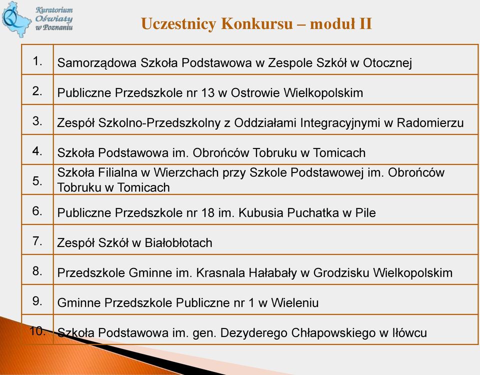 Szkoła Filialna w Wierzchach przy Szkole Podstawowej im. Obrońców Tobruku w Tomicach 6. Publiczne Przedszkole nr 18 im. Kubusia Puchatka w Pile 7.