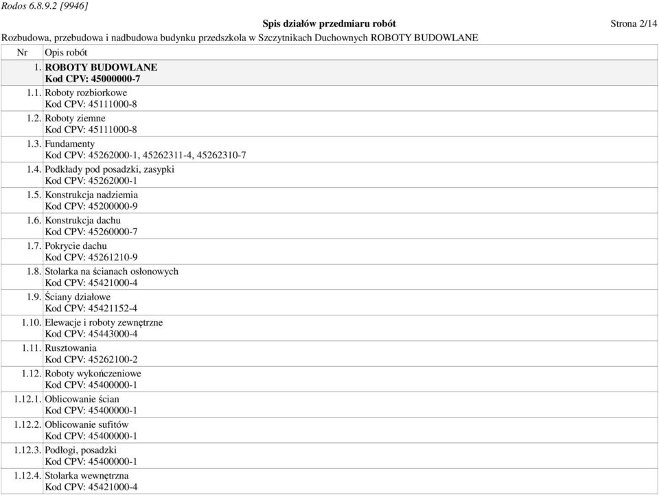7. Pokrycie dachu Kod CPV: 45261210-9 1.8. Stolarka na ścianach osłonowych Kod CPV: 45421000-4 1.9. Ściany działowe Kod CPV: 45421152-4 1.10. Elewacje i roboty zewnętrzne Kod CPV: 45443000-4 1.