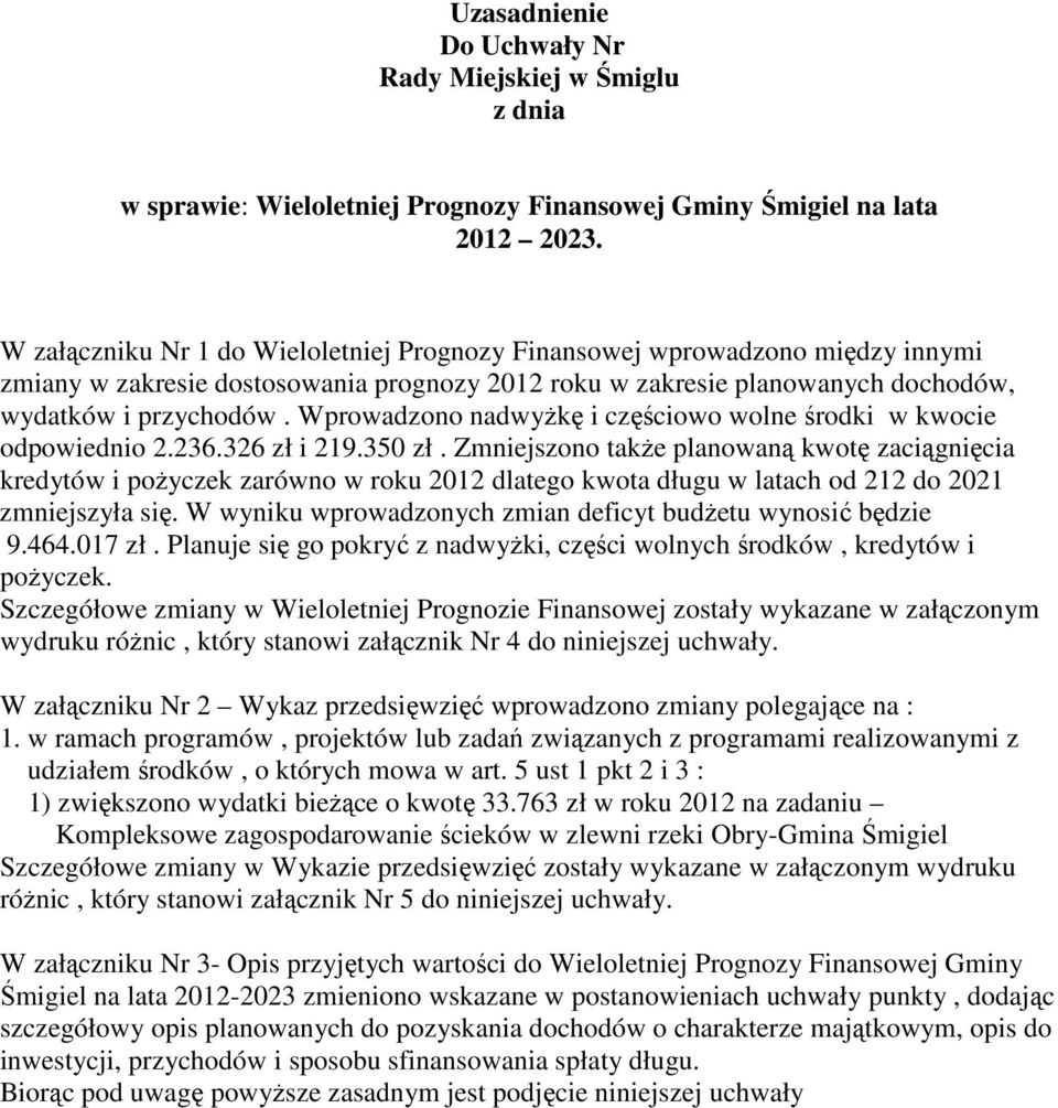 Wprowadzono nadwyżkę i częściowo wolne środki w kwocie odpowiednio 2.236.326 zł i 219.350 zł.