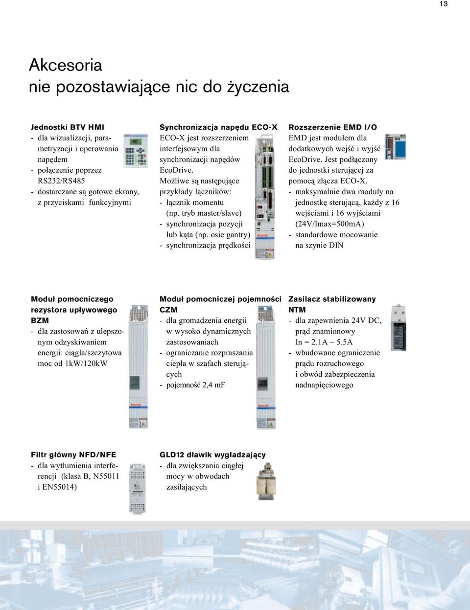 tryb master/slave) - sychroizacja pozycji lub k¹ta (p. osie gatry) - sychroizacja prêdkoœci Rozszerzeie ED I/O ED jest modu³em dla dodatkowych wejœæ i wyjœæ EcoDrive.