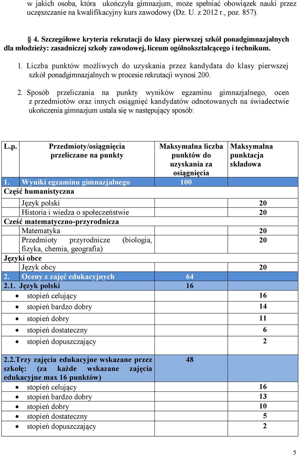 Szczegółowe kryteria rekrutacji do klasy pierwszej szkół ponadgimnazjalnych dla młodzieży: zasadniczej szkoły zawodowej, liceum ogólnokształcącego i technikum. 1.