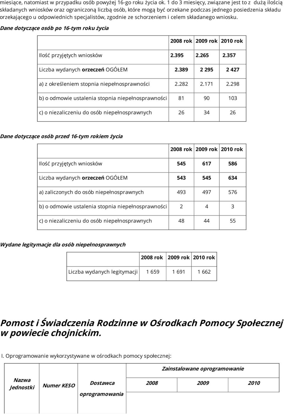 zgodnie ze schorzeniem i celem składanego wniosku. Dane dotyczące osób po 16-tym roku życia 2008 rok 2009 rok 2010 rok Ilość przyjętych wniosków 2.395 2.265 2.357 Liczba wydanych orzeczeń OGÓŁEM 2.