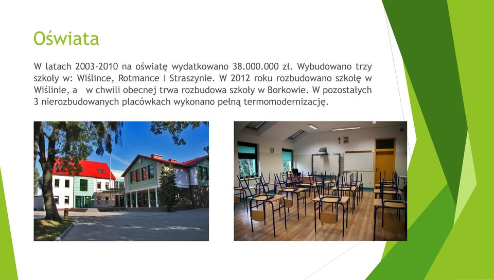 W 2012 roku rozbudowano szkołę w Wiślinie, a w chwili obecnej trwa