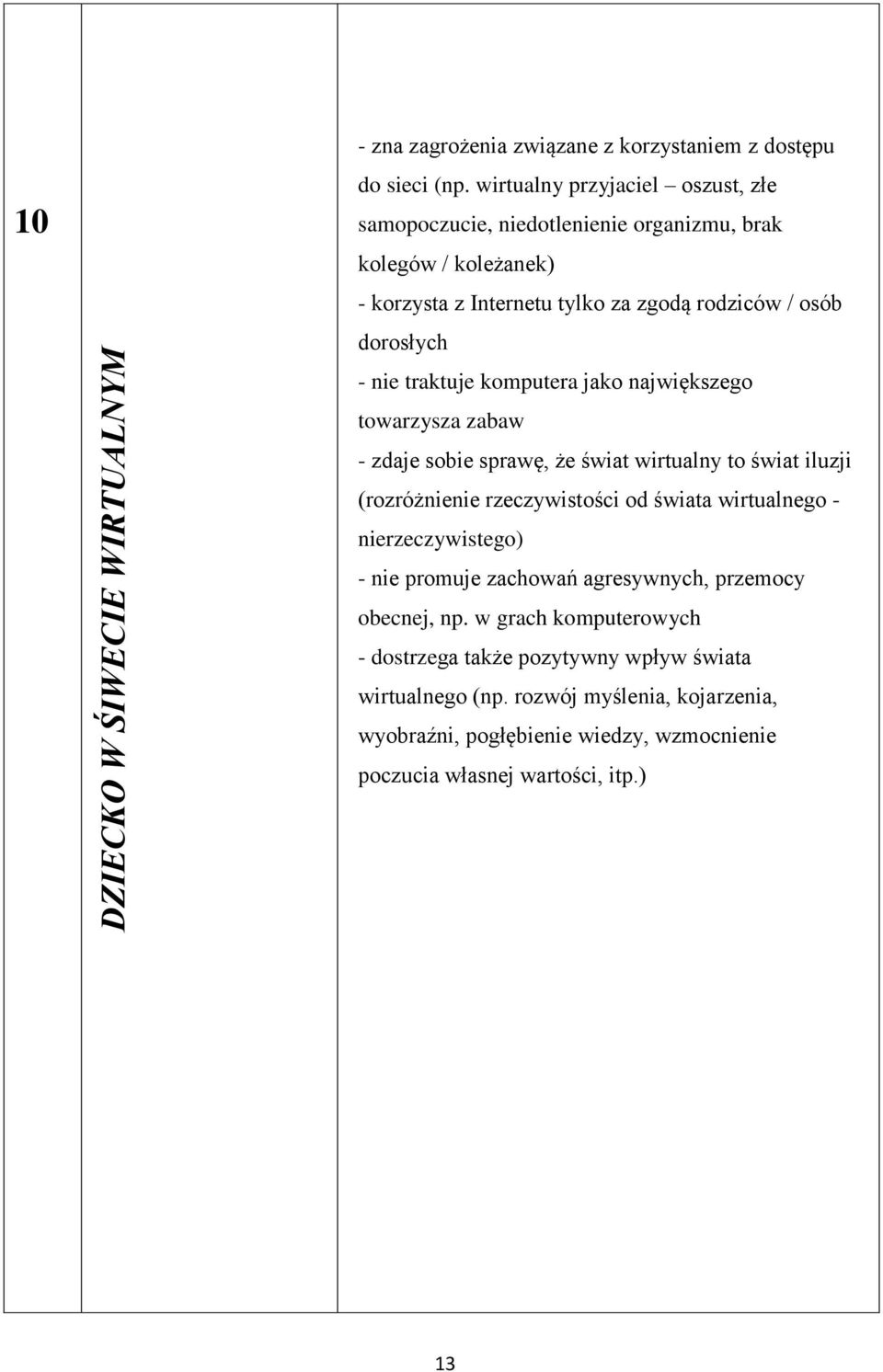 traktuje komputera jako największego towarzysza zabaw - zdaje sobie sprawę, że świat wirtualny to świat iluzji (rozróżnienie rzeczywistości od świata wirtualnego -