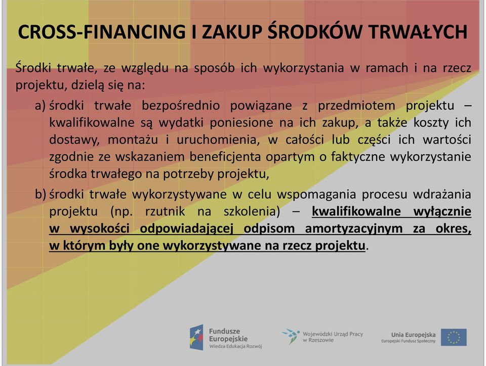 zgodnie ze wskazaniem beneficjenta opartym o faktyczne wykorzystanie środka trwałego na potrzeby projektu, b) środki trwałe wykorzystywane w celu wspomagania procesu