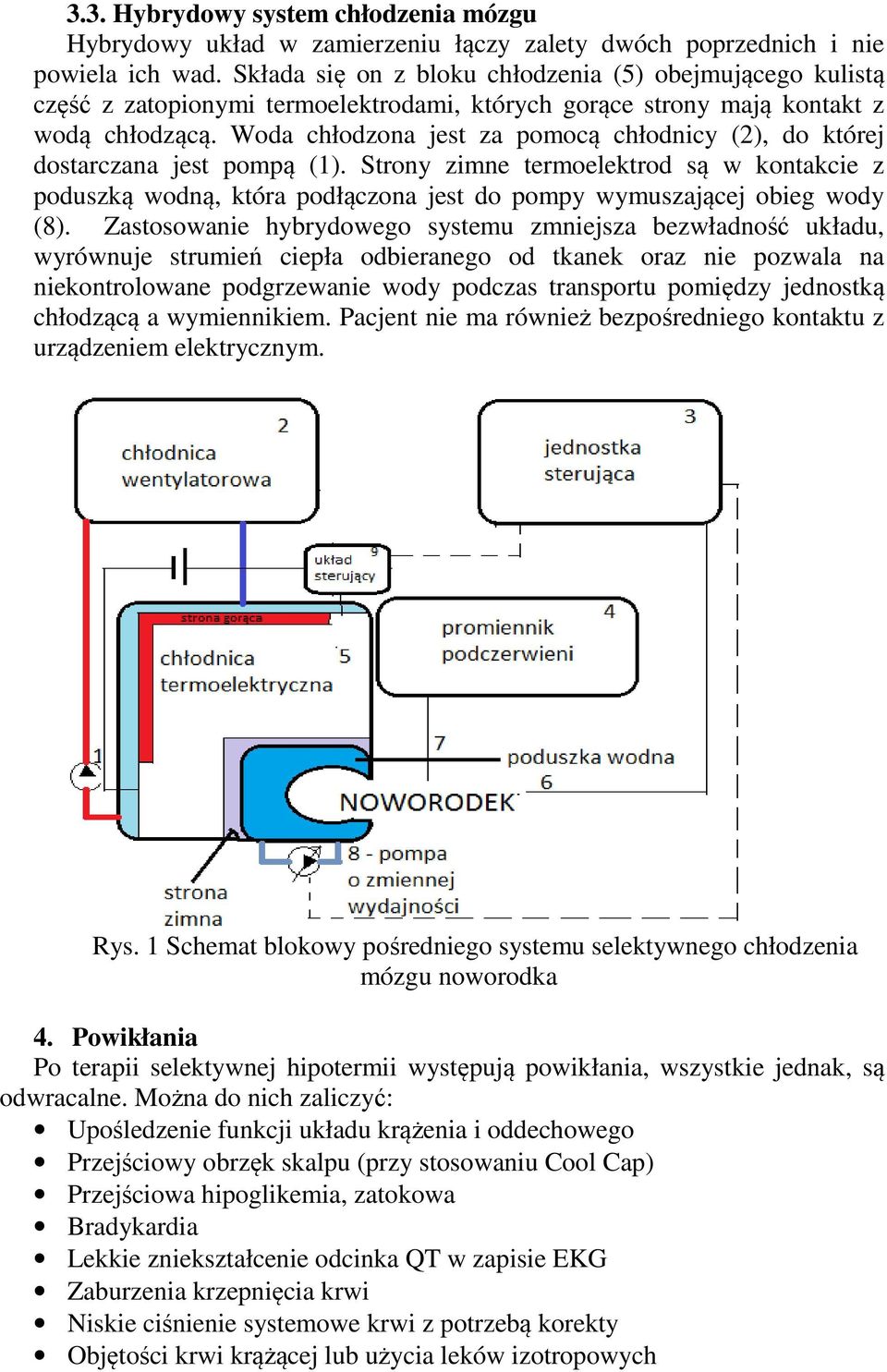 Woda chłodzona jest za pomocą chłodnicy (2), do której dostarczana jest pompą (1).