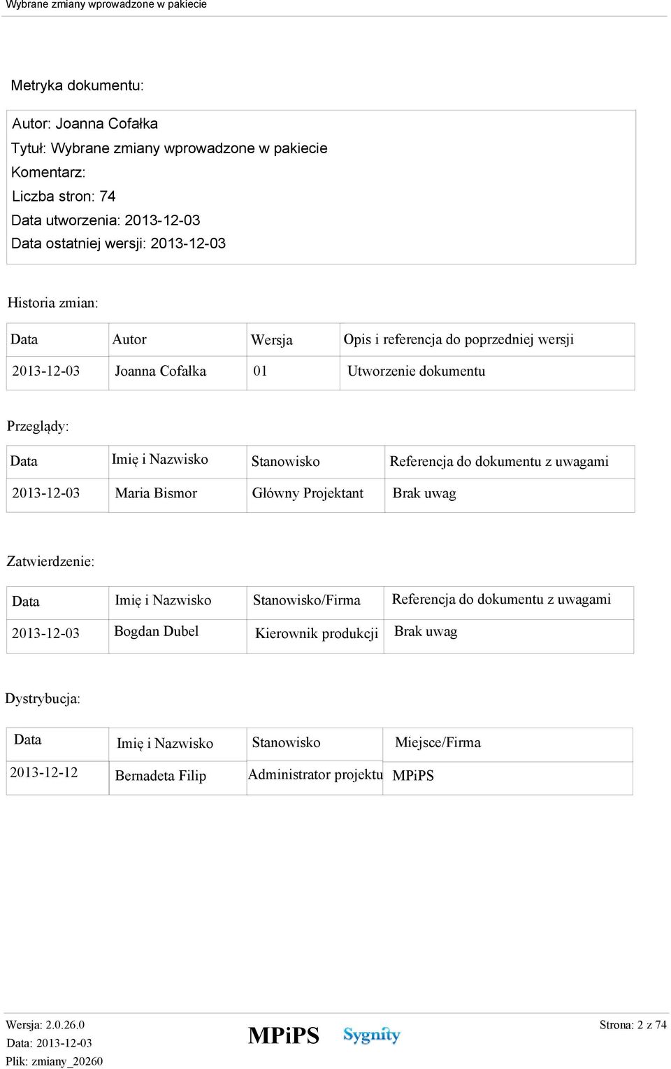 uwagami 2013-12-03 Maria Bismor Główny Projektant Brak uwag Data Imię i Nazwisko Stanowisko/Firma Referencja do dokumentu z uwagami 2013-12-03 Bogdan Dubel