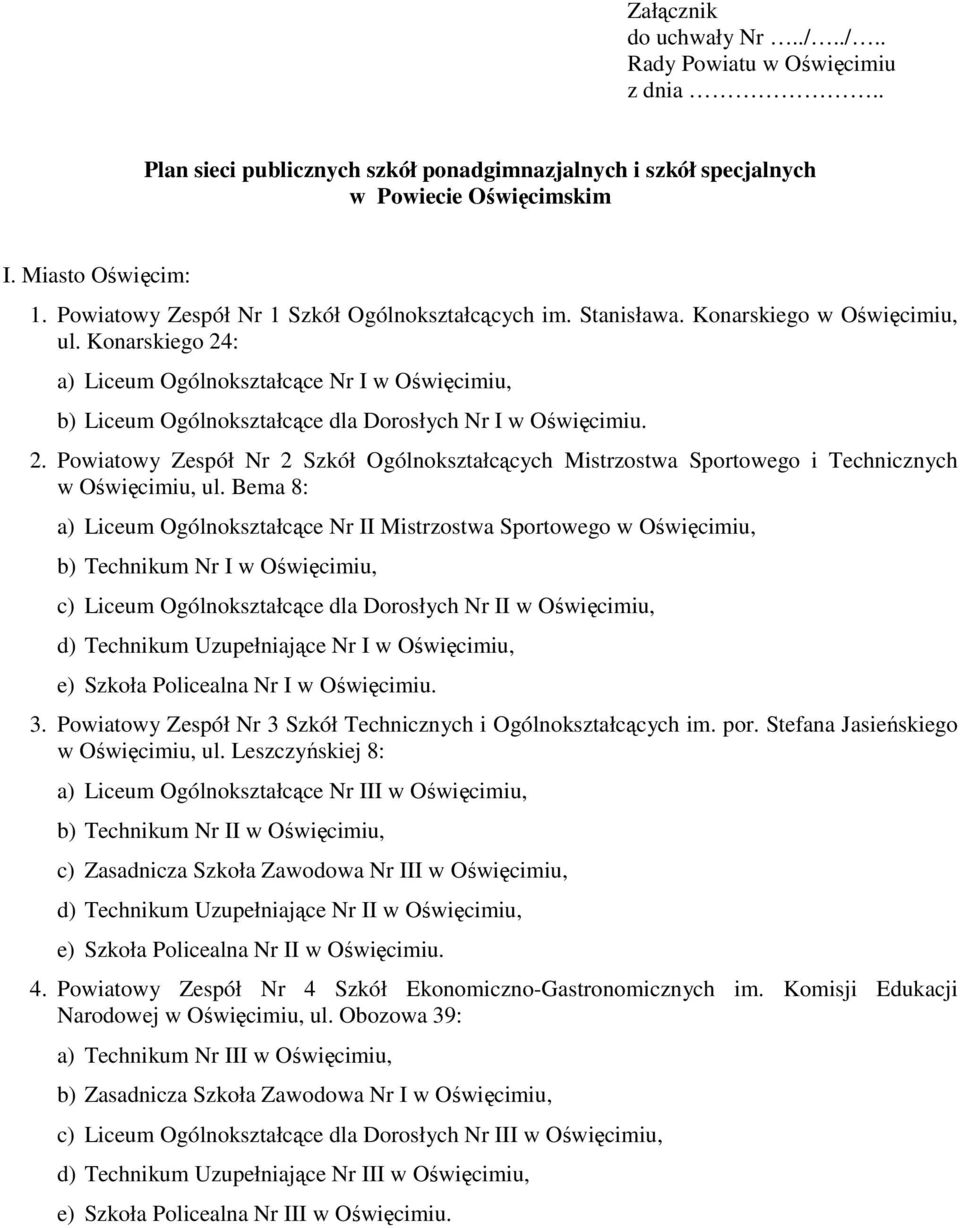 Konarskiego 24: a) Liceum Ogólnokształcące Nr I w Oświęcimiu, b) Liceum Ogólnokształcące dla Dorosłych Nr I w Oświęcimiu. 2. Powiatowy Zespół Nr 2 Szkół Ogólnokształcących Mistrzostwa Sportowego i Technicznych w Oświęcimiu, ul.