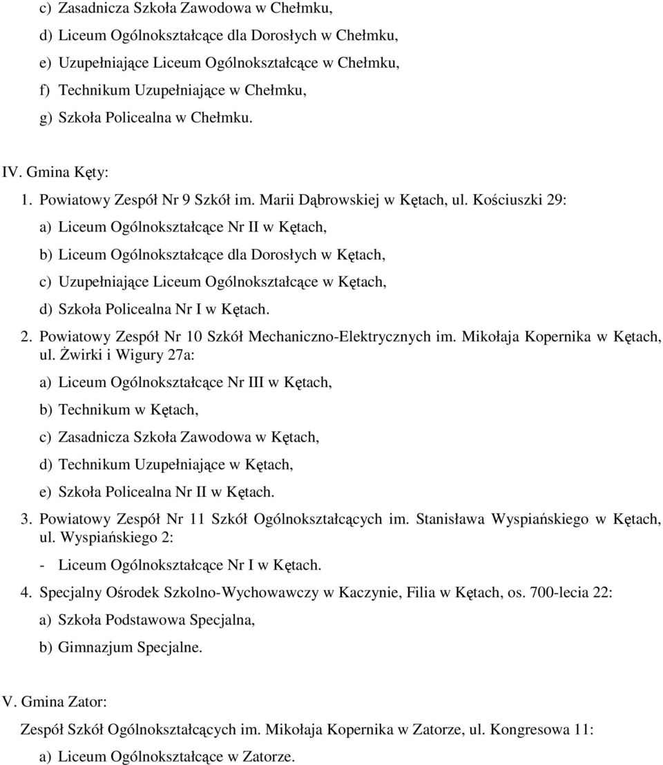 Kościuszki 29: a) Liceum Ogólnokształcące Nr II w Kętach, b) Liceum Ogólnokształcące dla Dorosłych w Kętach, c) Uzupełniające Liceum Ogólnokształcące w Kętach, d) Szkoła Policealna Nr I w Kętach. 2. Powiatowy Zespół Nr 10 Szkół Mechaniczno-Elektrycznych im.