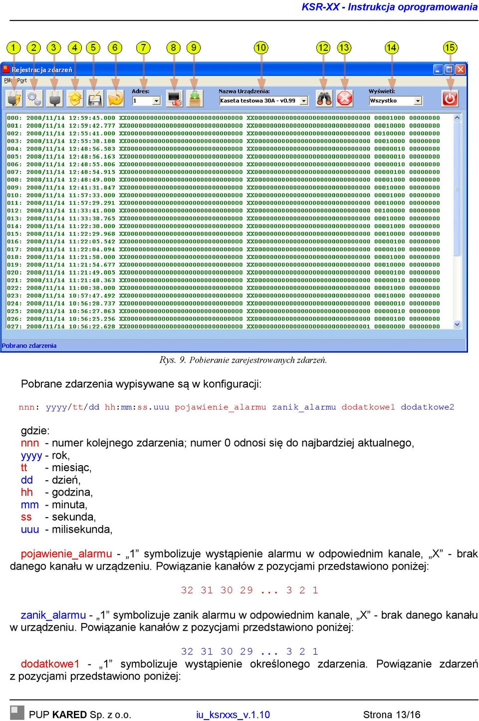 minuta, ss - sekunda, uuu - milisekunda, pojawienie_alarmu - 1 symbolizuje wystąpienie alarmu w odpowiednim kanale, X - brak danego kanału w urządzeniu.