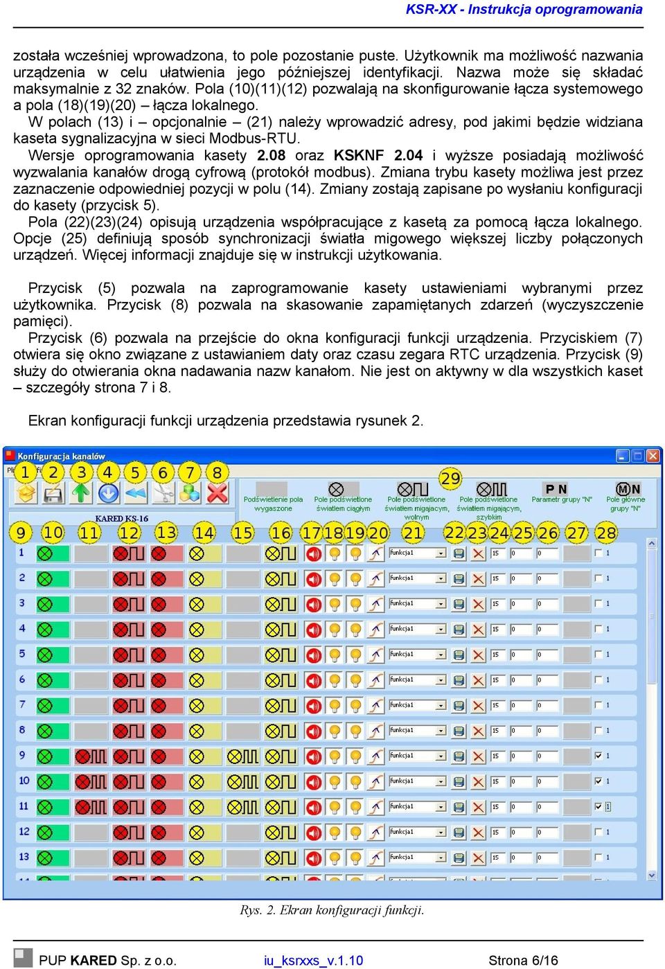 W polach (13) i opcjonalnie (21) należy wprowadzić adresy, pod jakimi będzie widziana kaseta sygnalizacyjna w sieci Modbus-RTU. Wersje oprogramowania kasety 2.08 oraz KSKNF 2.