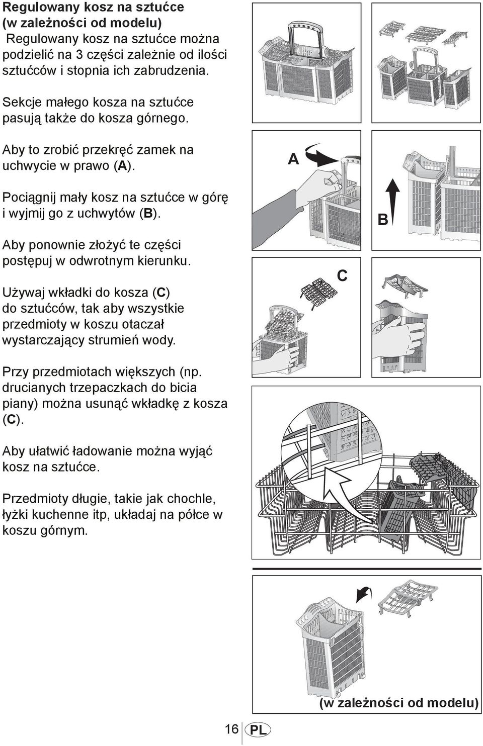 Aby ponownie złożyć te części postępuj w odwrotnym kierunku. Używaj wkładki do kosza (C) do sztućców, tak aby wszystkie przedmioty w koszu otaczał wystarczający strumień wody.